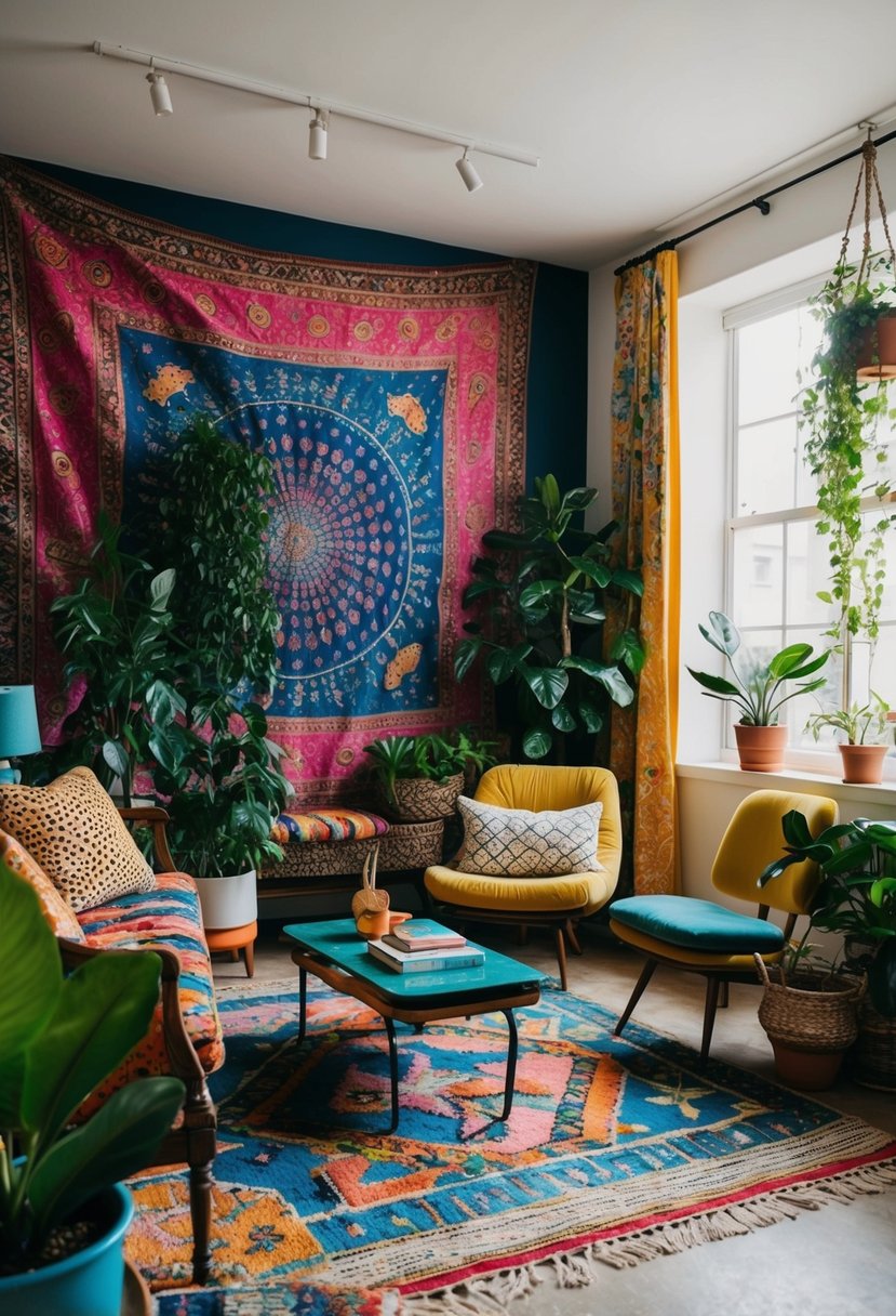 A colorful, eclectic room with tapestries, plants, and vintage furniture, featuring a mix of patterns and textures in a relaxed, free-spirited atmosphere