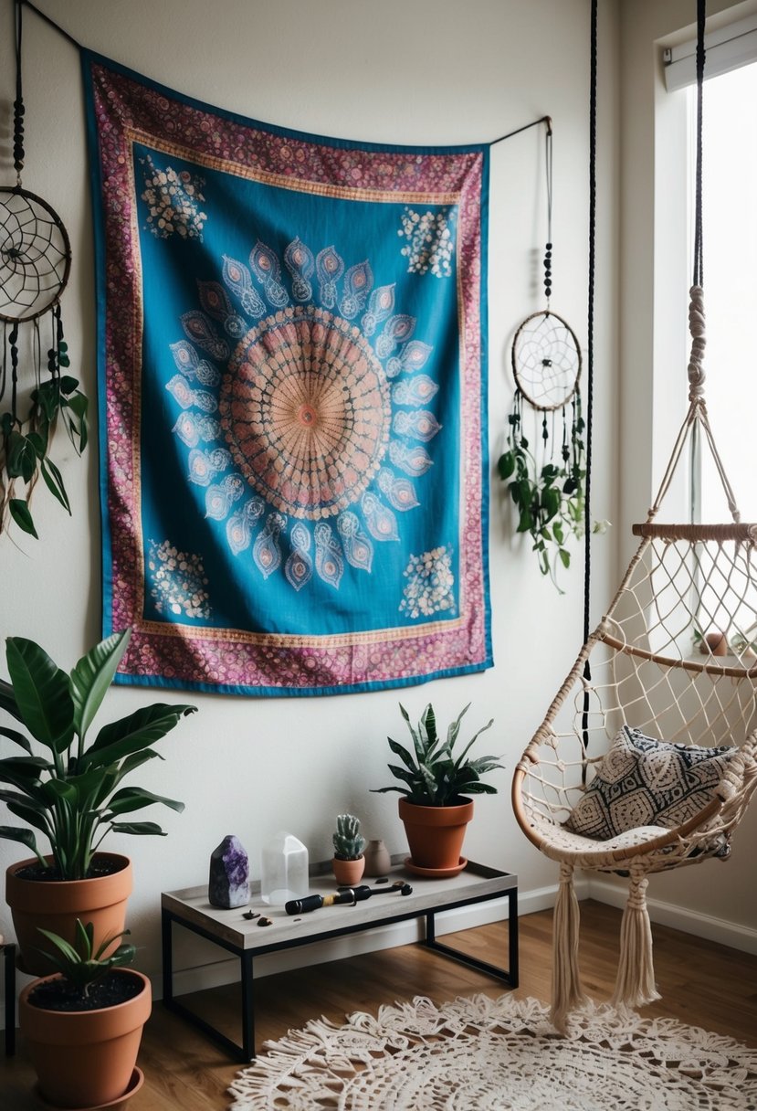 A colorful tapestry hangs on a wall, surrounded by potted plants and dreamcatchers. A low table holds crystals and incense, while a macramé hanging chair swings in the corner