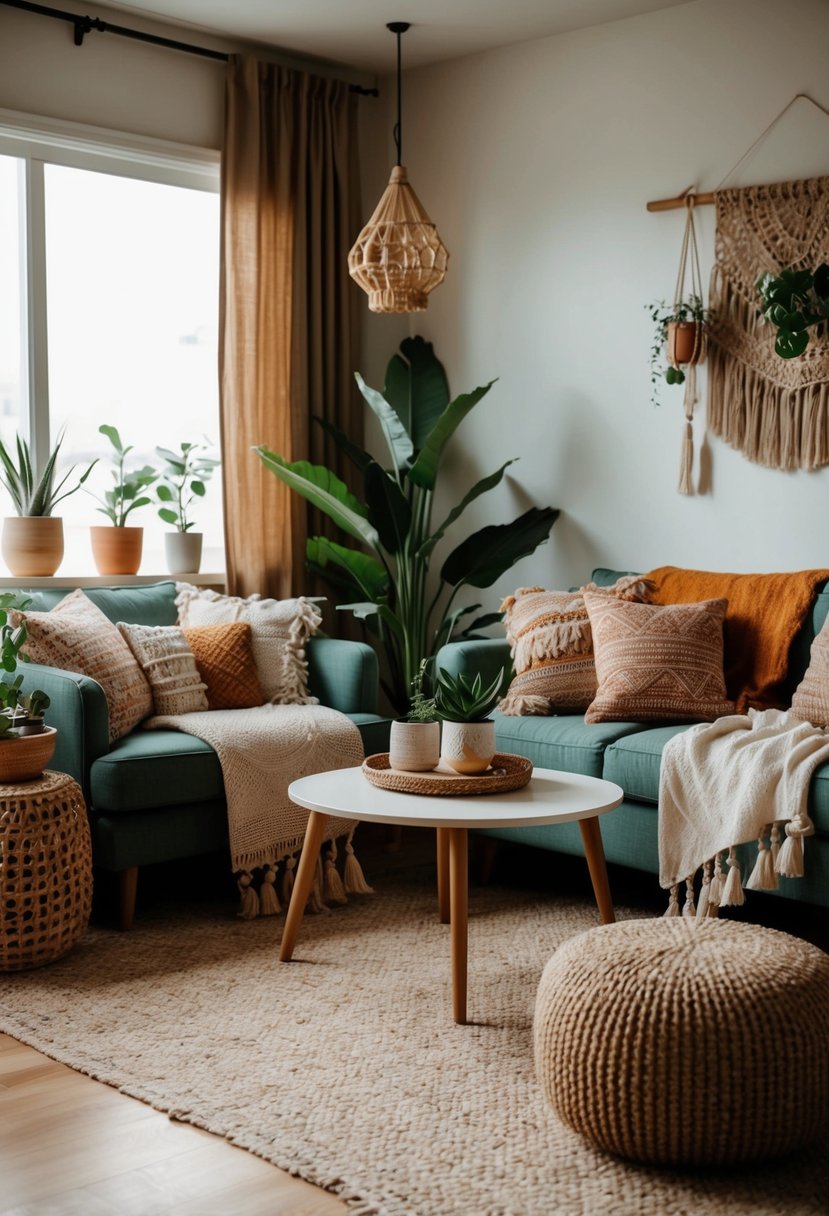 A cozy living room filled with earthy-toned textiles and natural fabrics, adorned with bohemian-style decor and plants