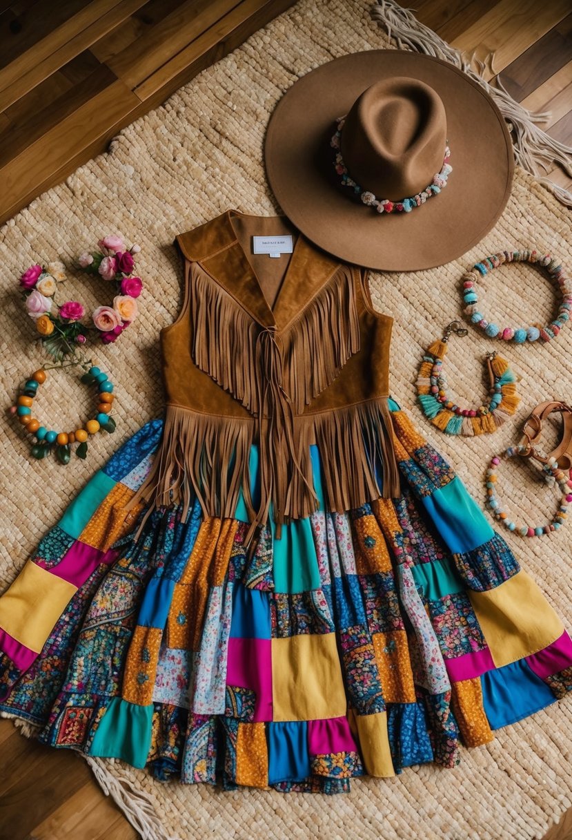 A colorful patchwork maxi skirt, fringed suede vest, and floppy wide-brimmed hat laid out on a woven rug surrounded by beaded jewelry and floral headbands