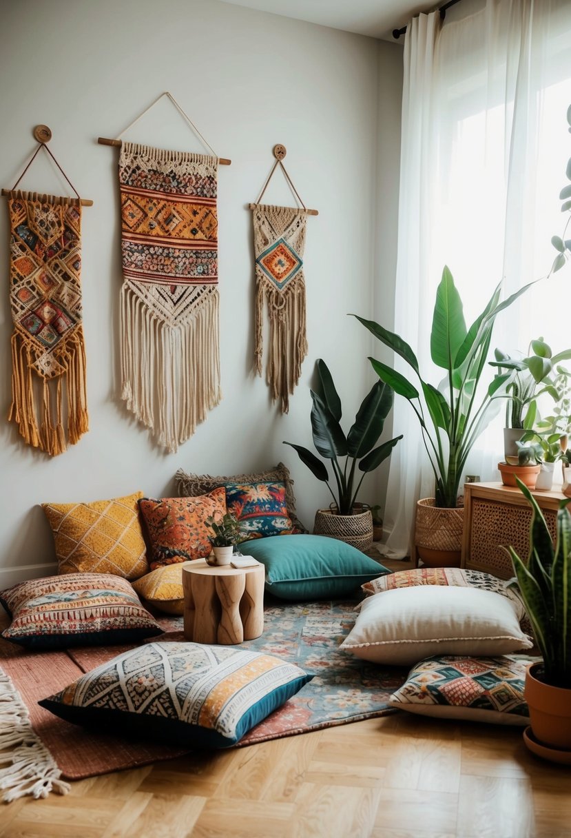 A bohemian-style living room with floor cushions, macrame wall hangings, and plants. A mix of colorful patterns and textures gives off a relaxed, free-spirited vibe