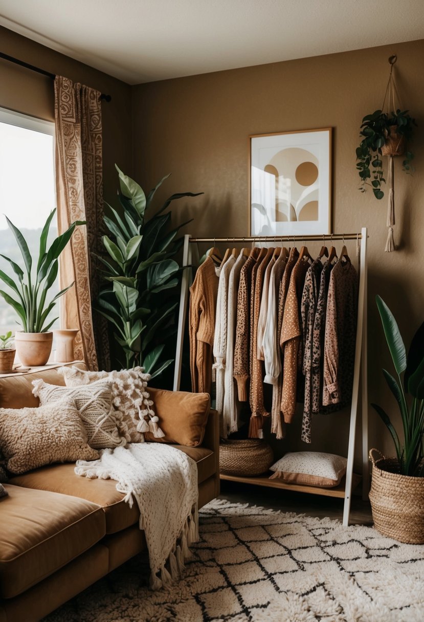 A cozy bohemian living room with earthy tones, plants, and textured fabrics. A rack of flowy, patterned clothes and accessories in the corner