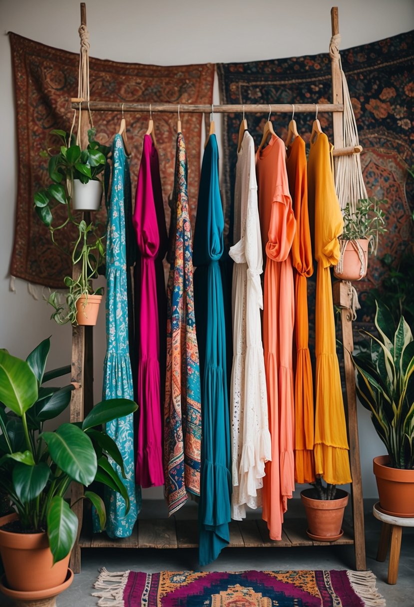 A colorful collection of flowing bohemian garments hangs on a rustic wooden rack, surrounded by potted plants and tapestries