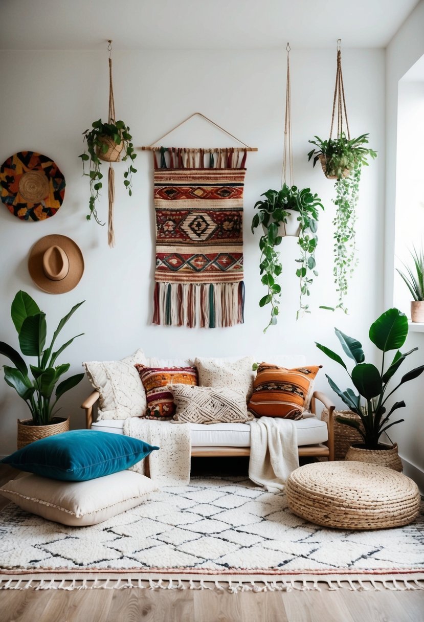 A boho chic interior with layered rugs, floor cushions, hanging plants, and eclectic wall art