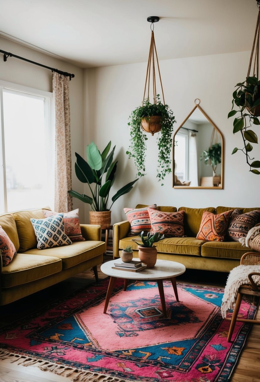 A cozy boho chic living room with colorful rugs, patterned pillows, hanging plants, and vintage furniture