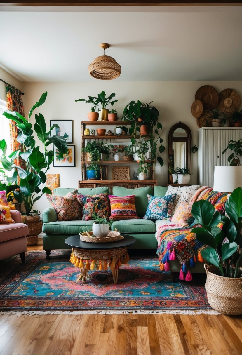 A cozy living room with eclectic furniture, colorful textiles, and layered patterns. Plants and vintage decor add to the bohemian-chic vibe