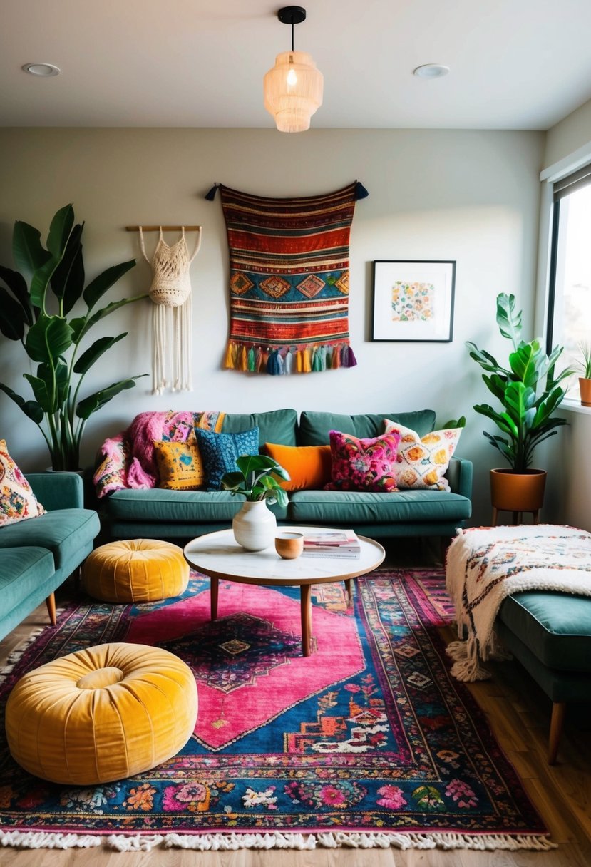 A cozy living room with colorful textiles, layered rugs, and low-slung seating. Plants and eclectic artwork add to the boho chic vibe