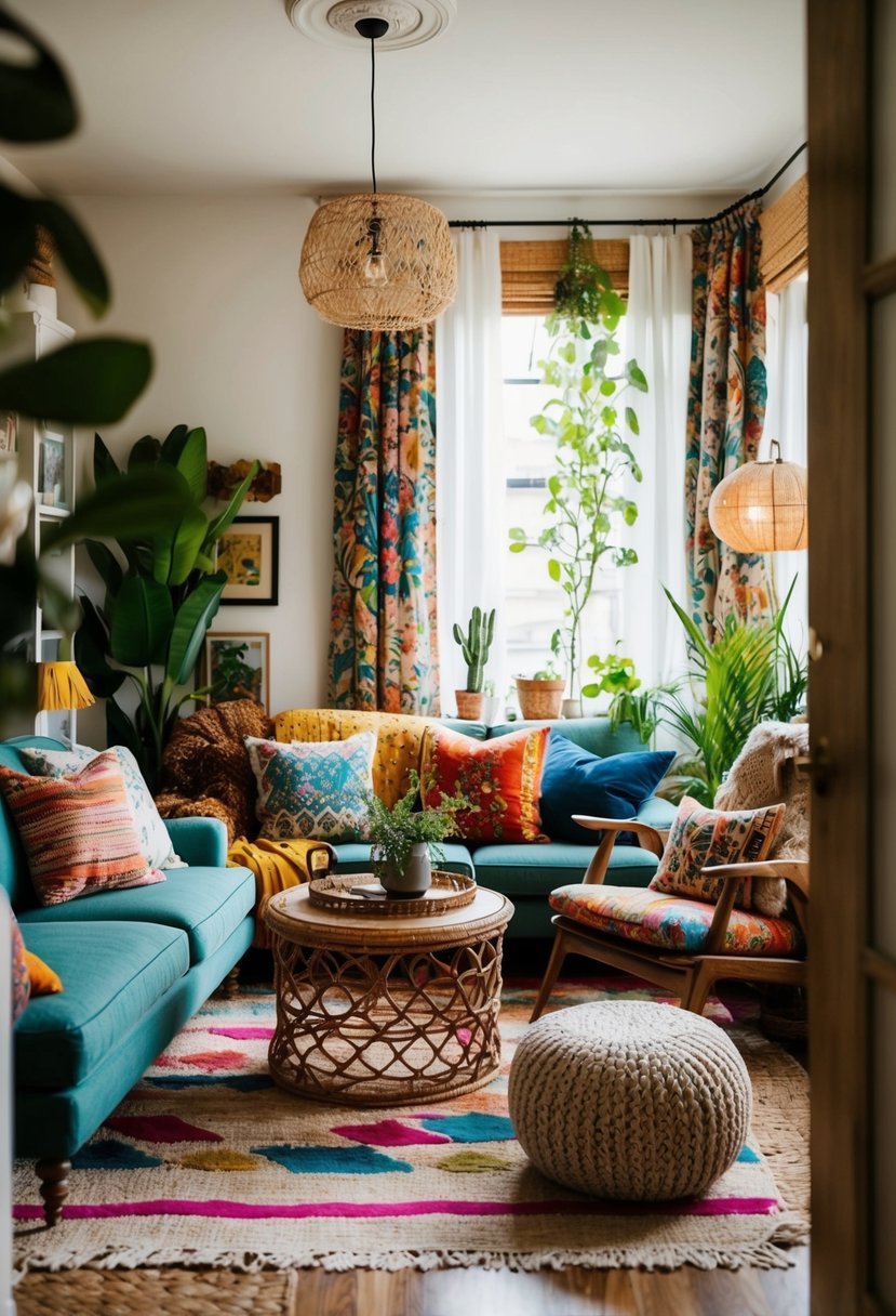 A cozy living room with eclectic furniture, colorful textiles, and natural elements. A mix of vintage and modern decor creates a relaxed and artistic atmosphere