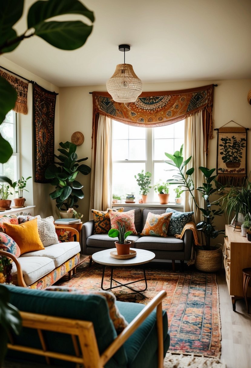 A cozy living room with eclectic furniture, vibrant patterns, and earthy colors. Plants, tapestries, and vintage decor create a relaxed and free-spirited atmosphere