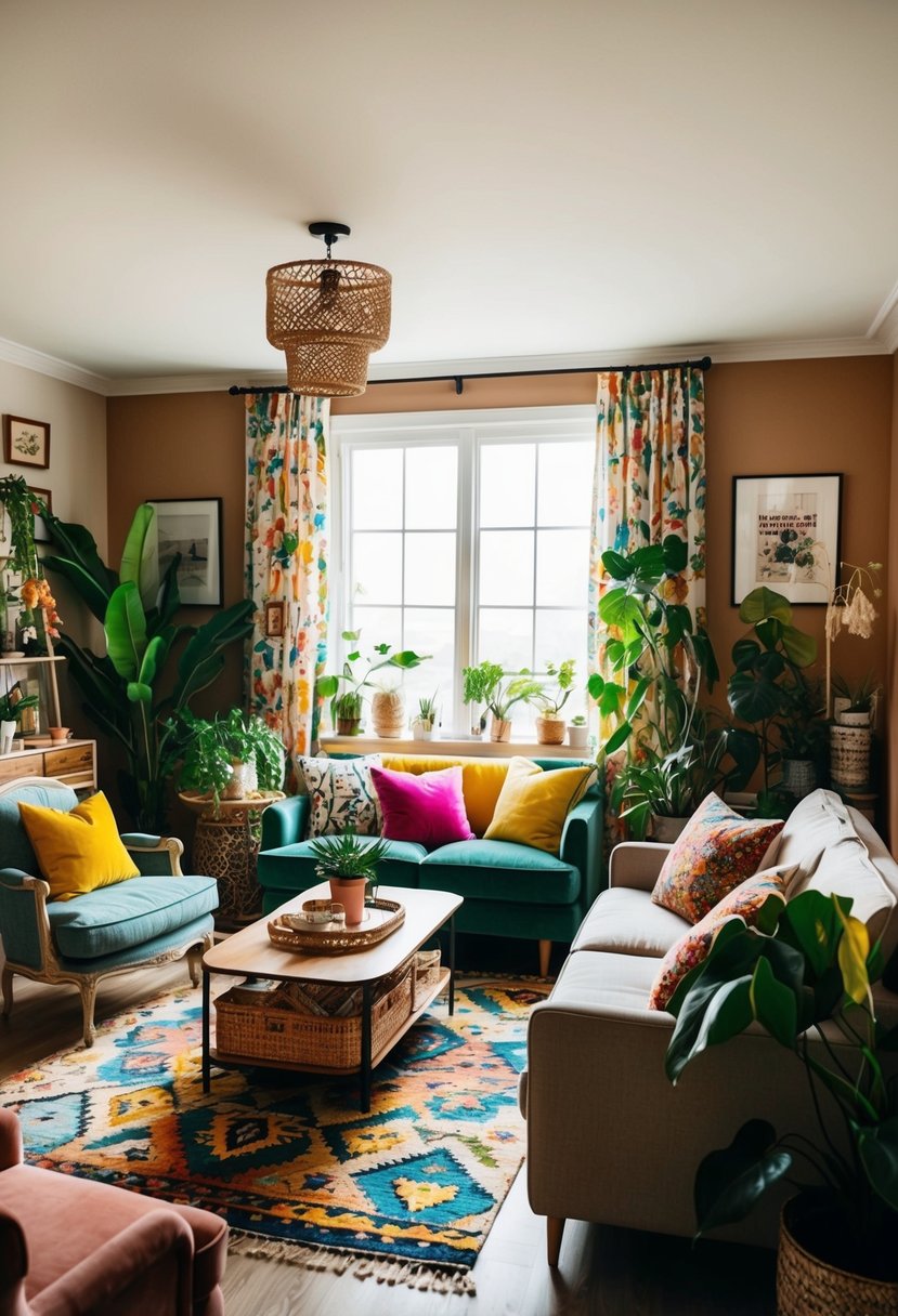 A cozy living room with a mix of vintage and modern furniture, adorned with colorful textiles, plants, and eclectic decor