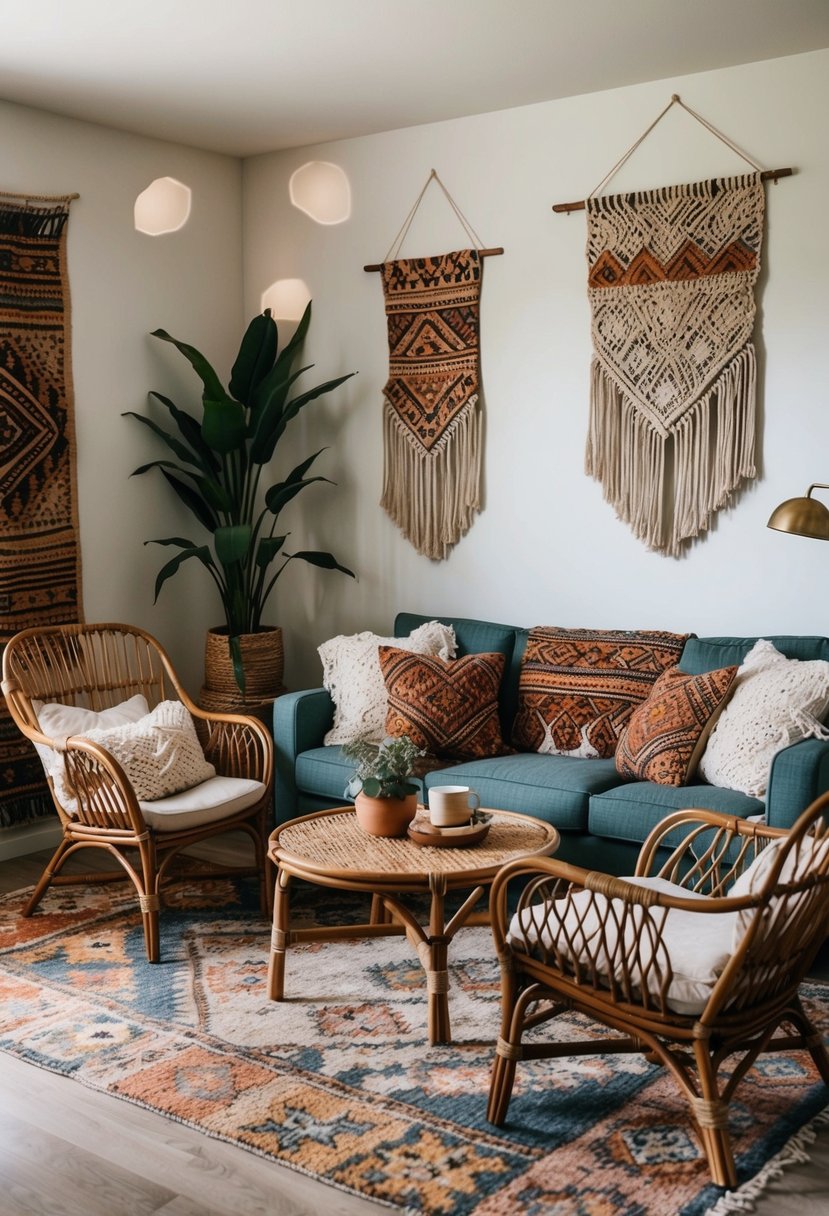 A cozy living room with vintage rugs, macrame wall hangings, and rattan furniture. A mix of earthy tones and vibrant patterns create a boho chic atmosphere