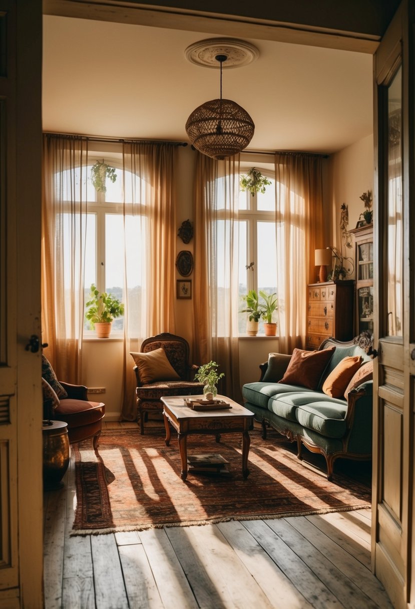 A cozy living room with vintage furniture, earthy tones, and eclectic decor. Sunlight filters through sheer curtains, casting warm shadows on the worn wooden floors