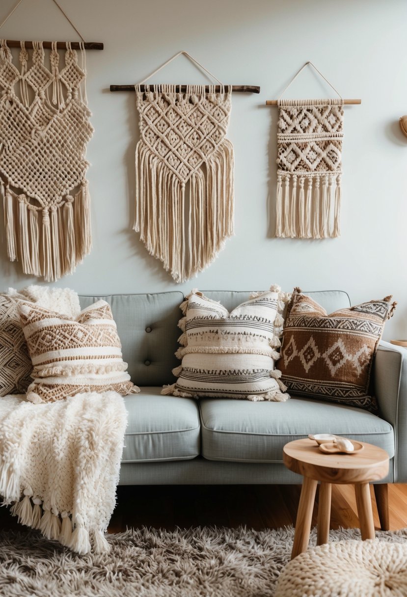 A cozy boho chic living room with layered textures, including a shaggy rug, macramé wall hangings, and a mix of patterned throw pillows