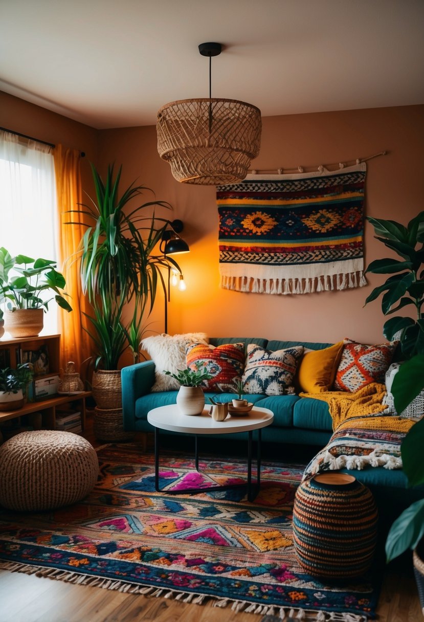 A cozy living room with colorful textiles, patterned rugs, and eclectic decor from around the world. Warm lighting and plants create a boho chic ambiance