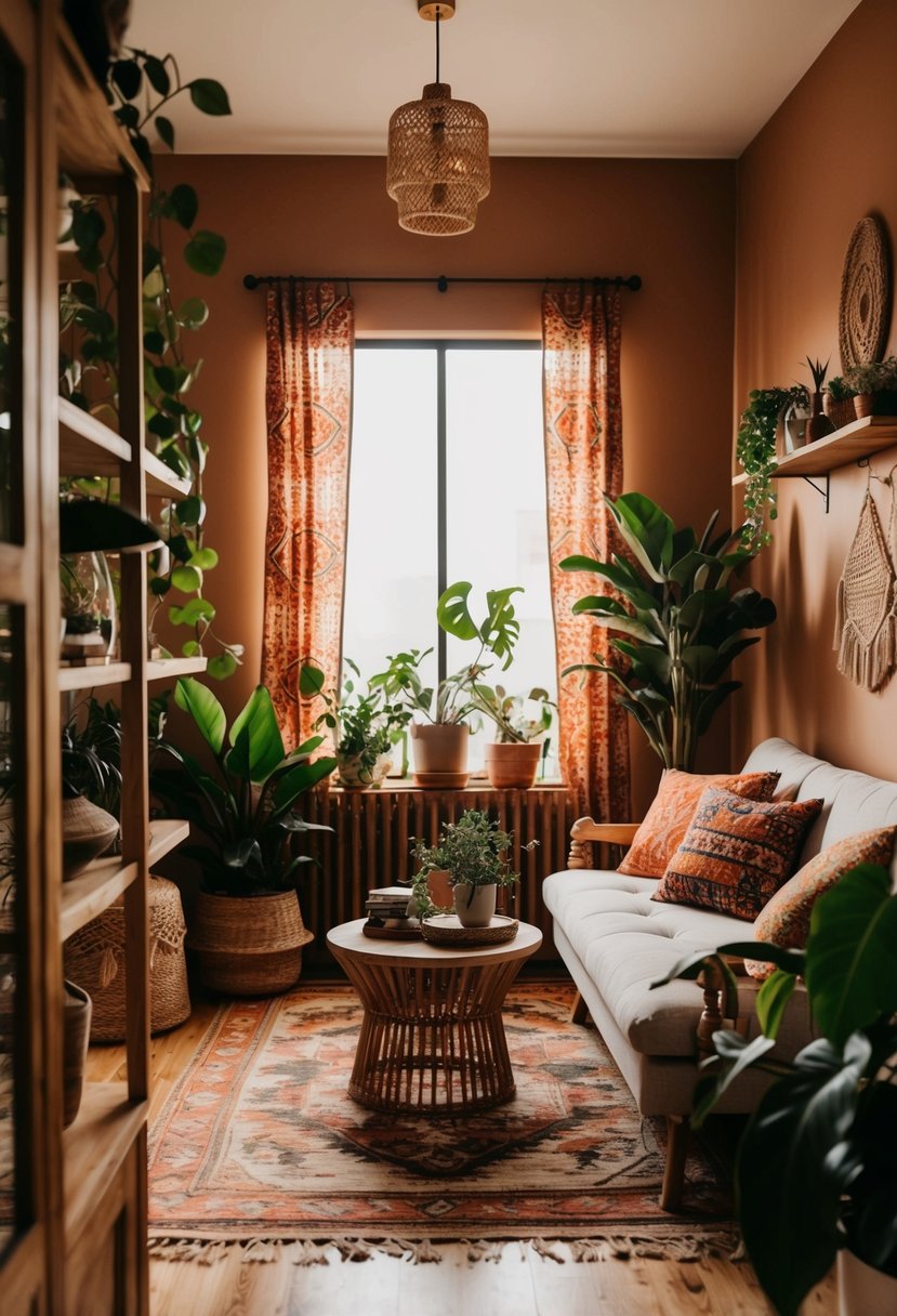 A boho chic interior with vibrant patterns, plants, and eclectic decor. Warm, earthy tones and natural textures create a cozy, free-spirited atmosphere