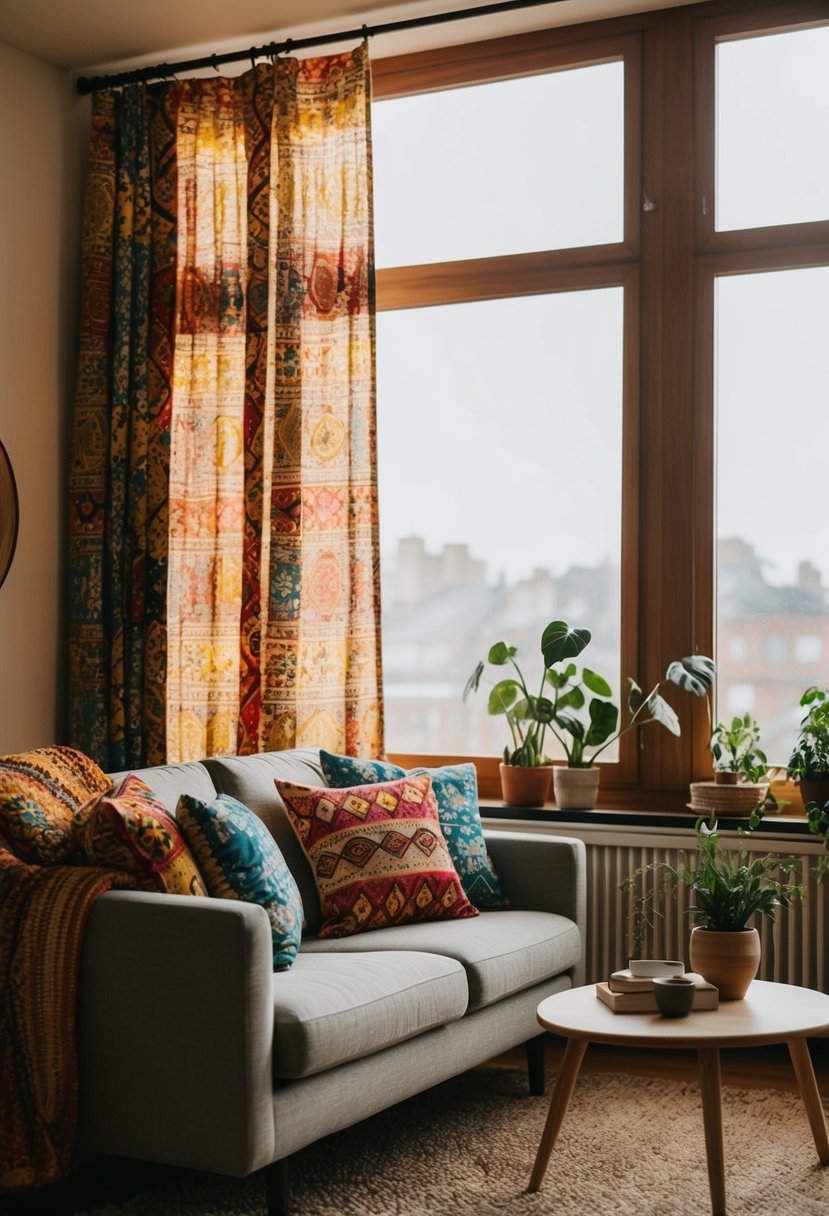 A cozy boho chic living room with colorful, patterned curtains hanging on the right side of a large window, casting soft, warm light into the room