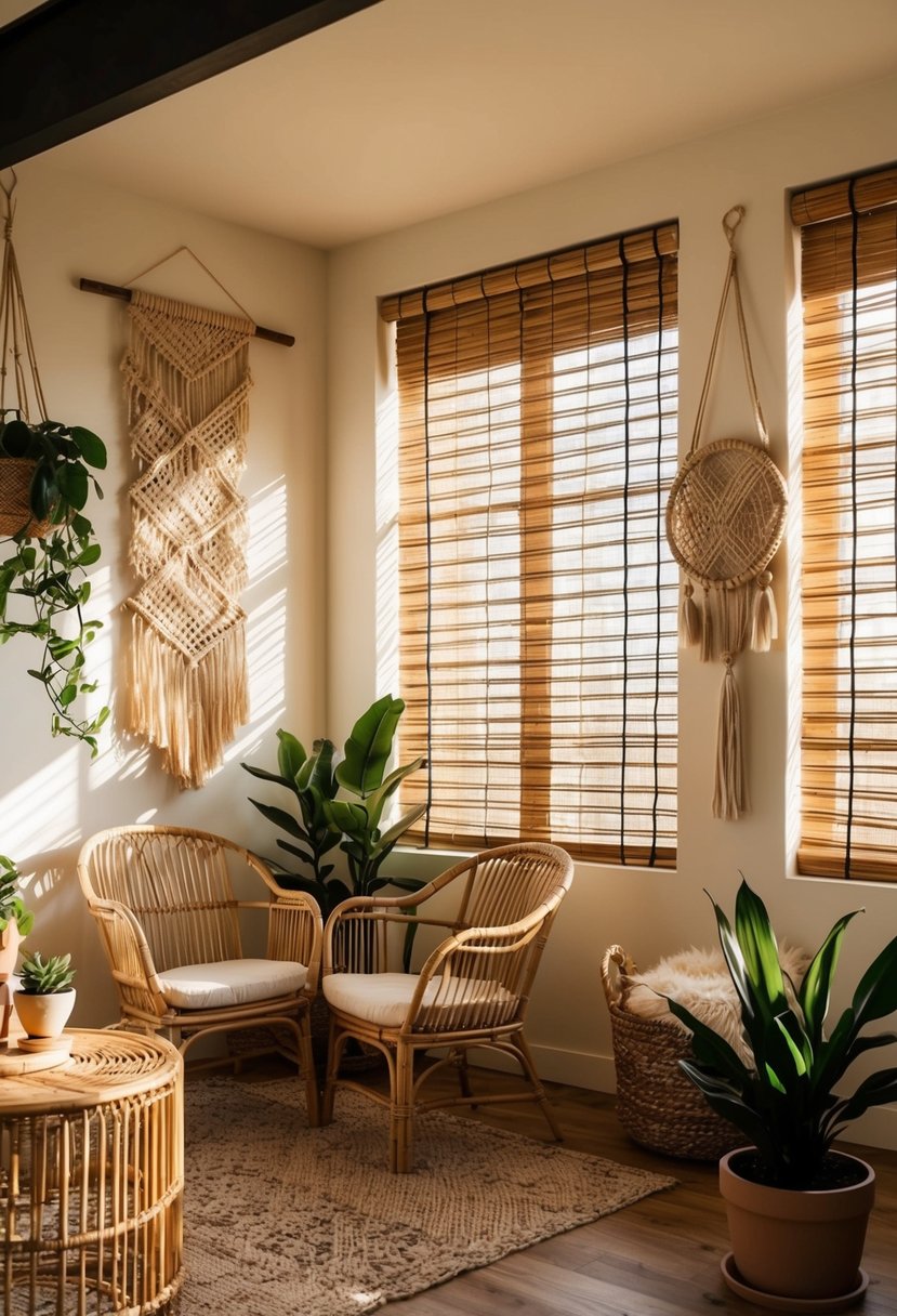 A cozy boho chic interior with woven rattan furniture, macrame wall hangings, and potted plants. Sunlight filters in through bamboo blinds, casting warm, natural textures in the room