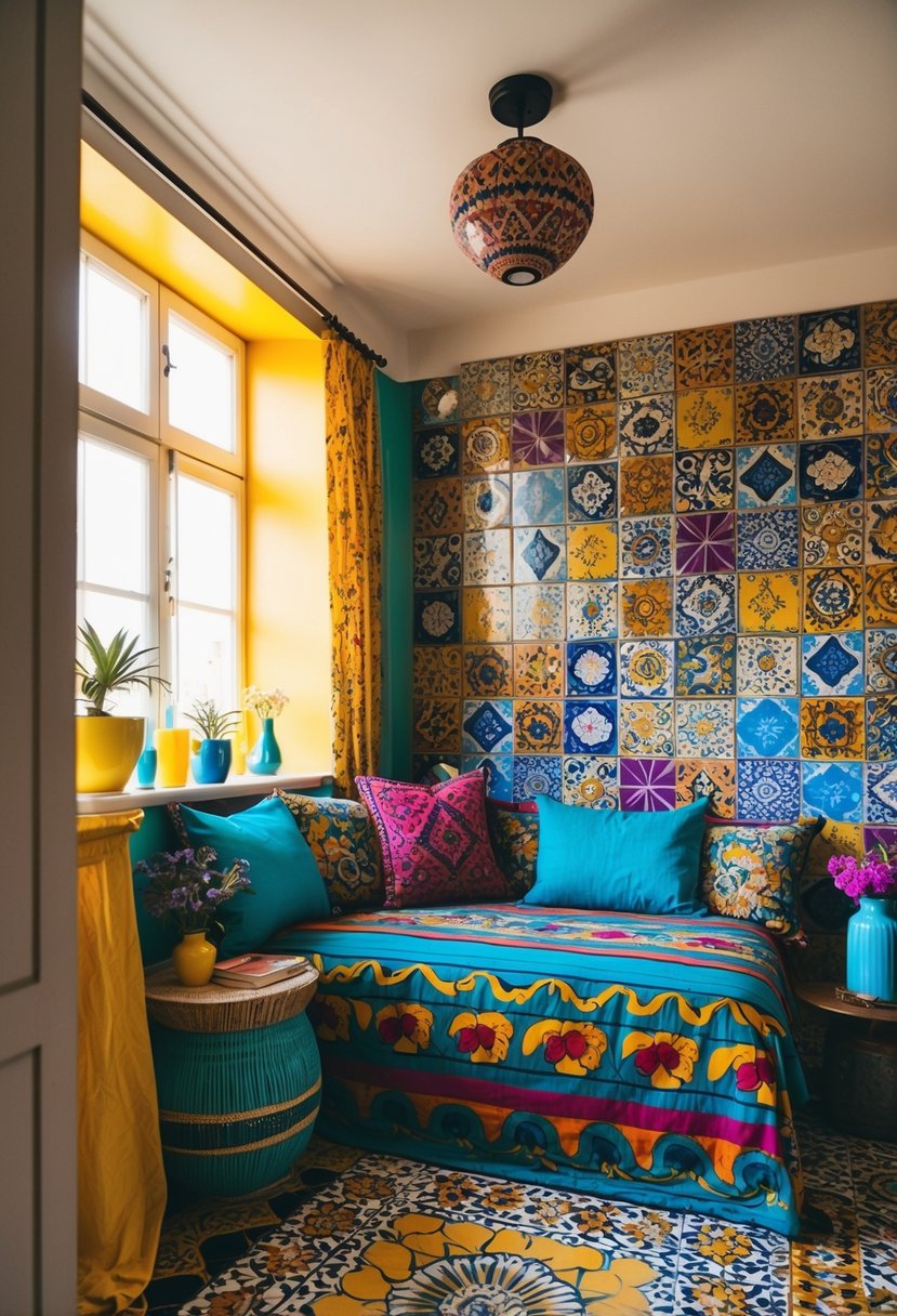 A colorful, eclectic room with mismatched tiles, vibrant patterns, and bohemian decor