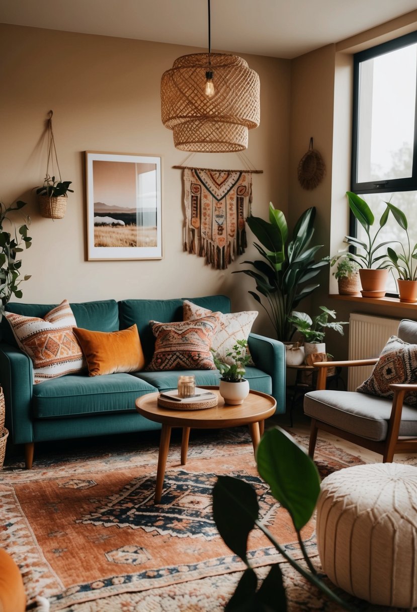 A cozy boho chic living room with eclectic patterns, plants, and warm earthy tones