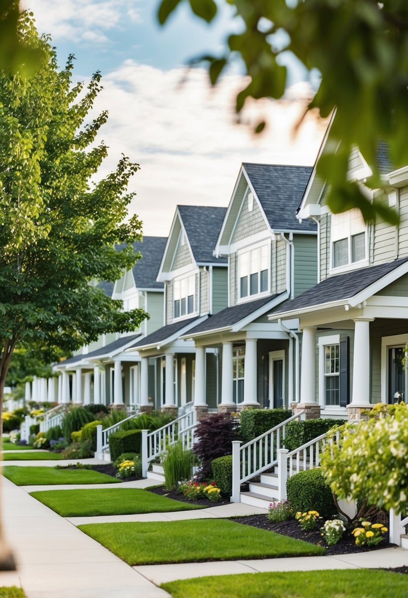 A row of cozy, single-story homes nestled in a peaceful community, surrounded by well-tended gardens and shaded by tall trees