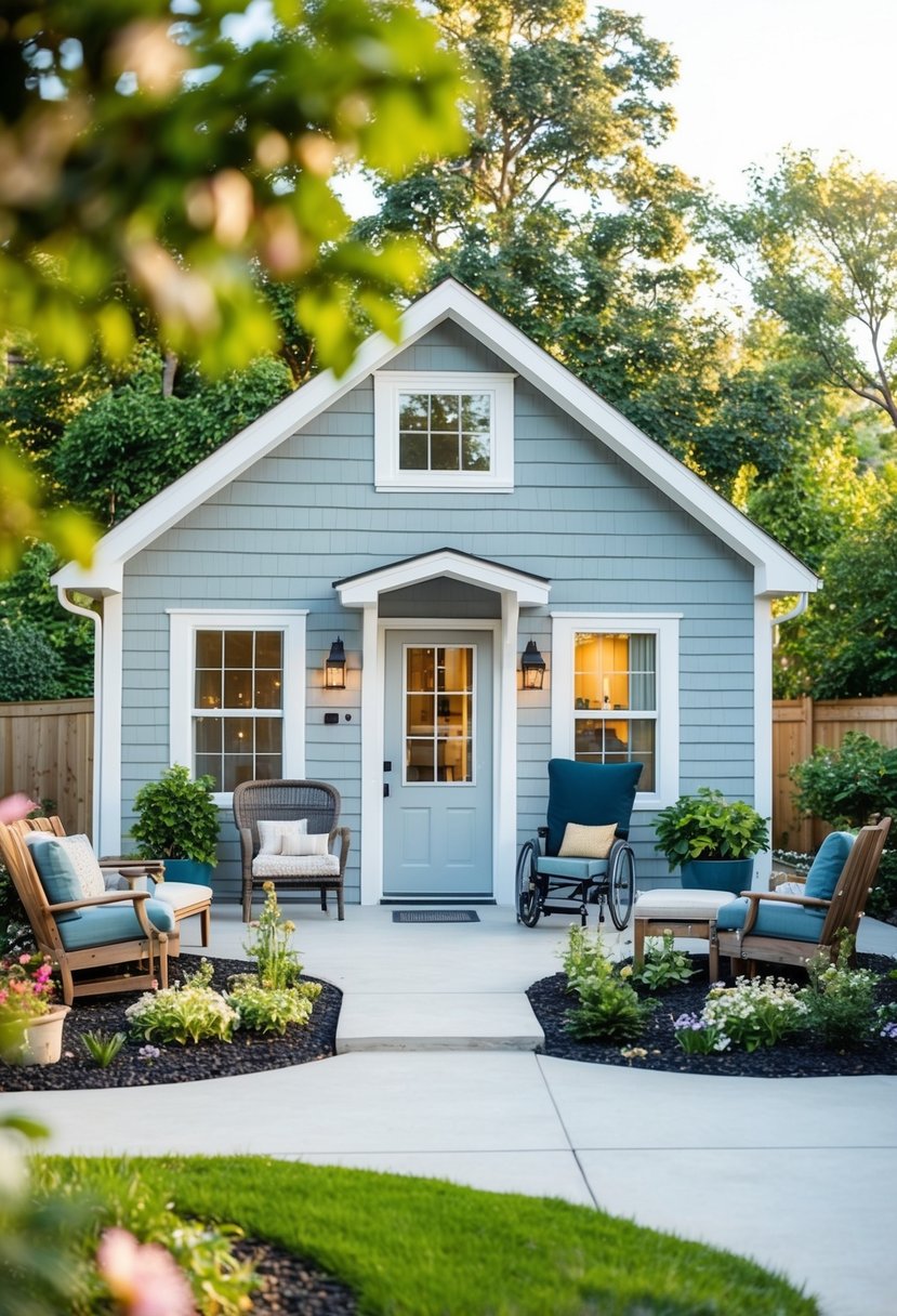 A cozy small home with accessible features, surrounded by a garden and a peaceful outdoor seating area