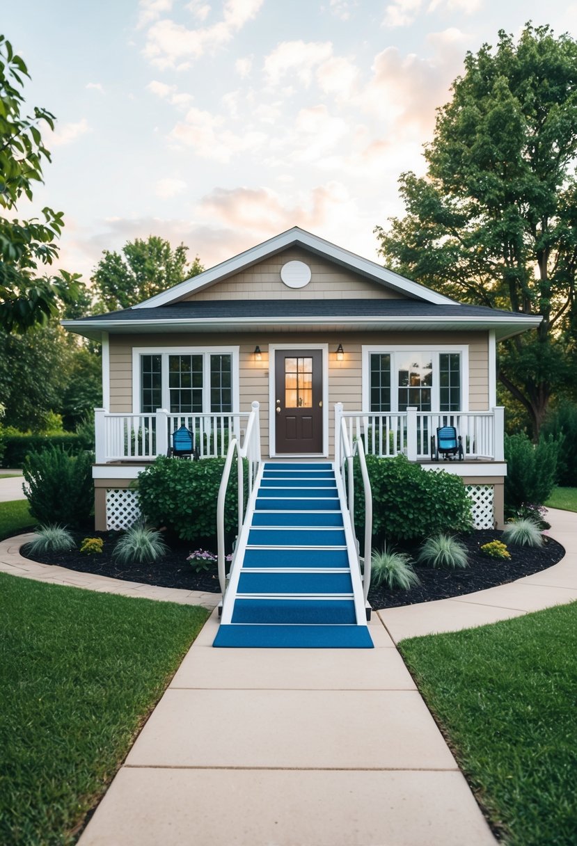 A cozy, single-story home with a wheelchair ramp and grab bars, surrounded by a garden and accessible pathways