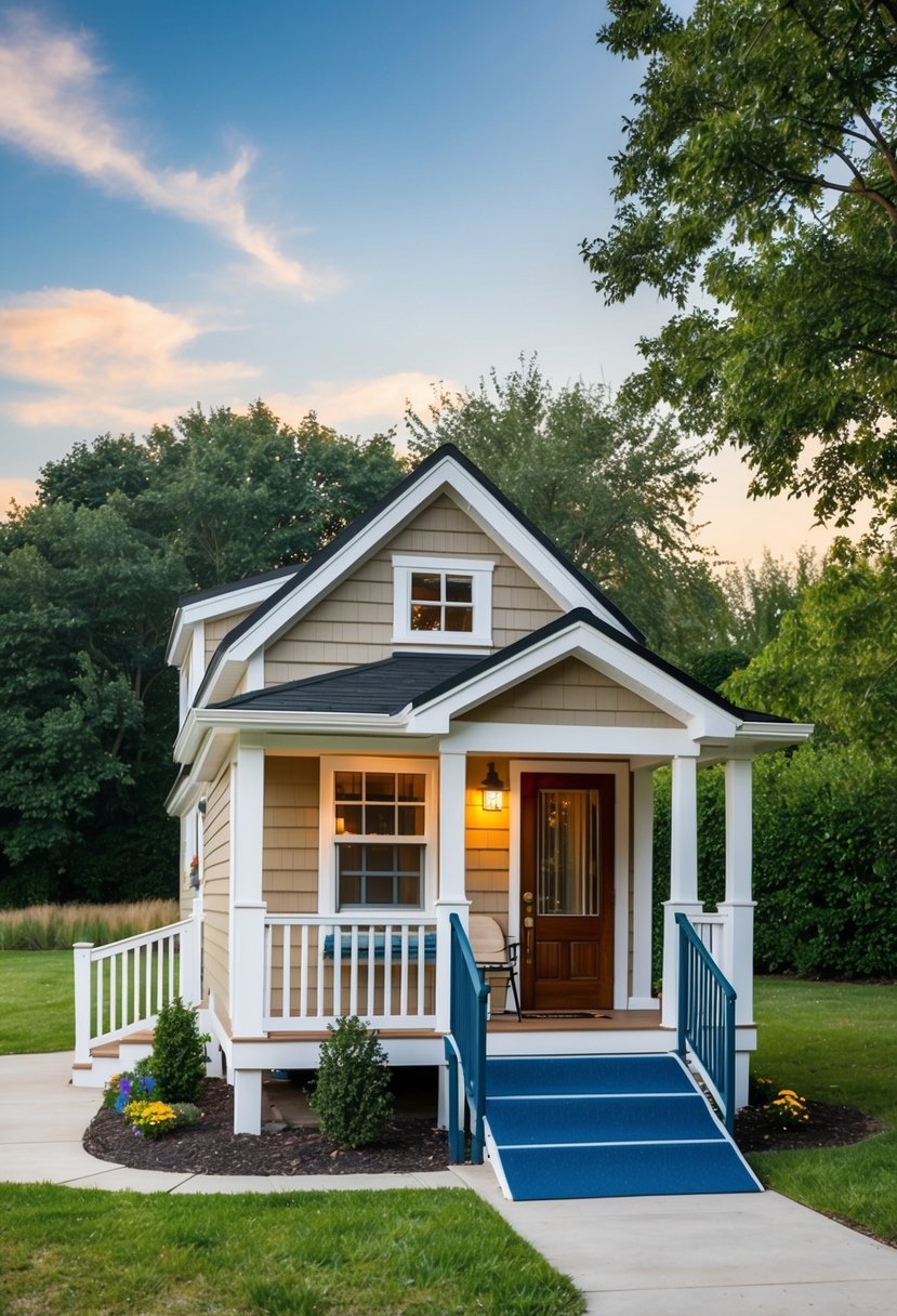 A cozy, one-story tiny home with a wheelchair ramp, wide doorways, and grab bars in the bathroom. A small garden and a peaceful front porch complete the scene