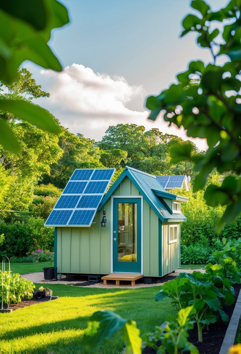 A small, eco-friendly home nestled in a lush, green landscape with solar panels, a rainwater collection system, and a vegetable garden