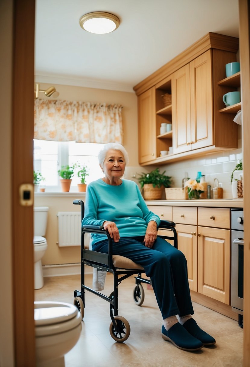 An elderly person sitting comfortably in a cozy, clutter-free home, with grab bars in the bathroom and easy-to-reach shelves in the kitchen