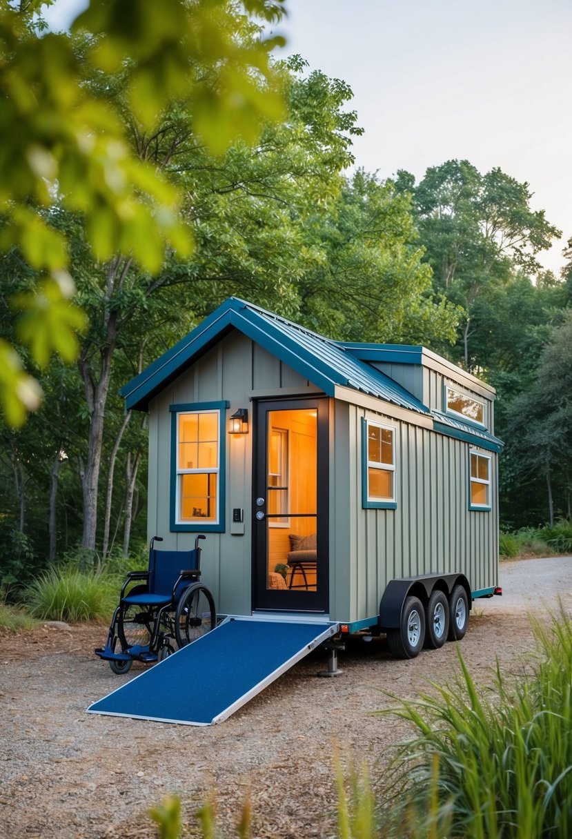 A cozy tiny home nestled in a serene natural setting, with a wheelchair ramp and accessible features for elderly seniors