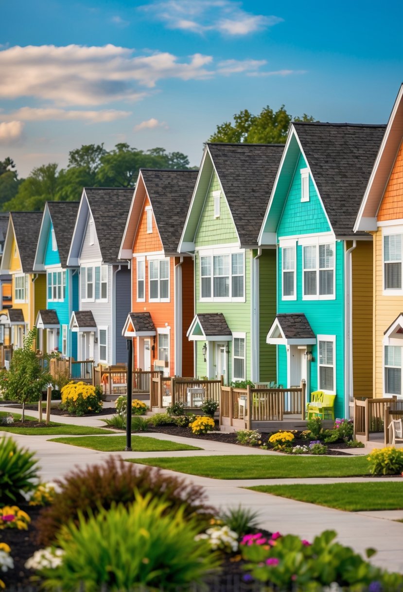 A row of cozy, colorful small homes nestled within a vibrant, bustling community, surrounded by gardens and communal spaces for elderly seniors