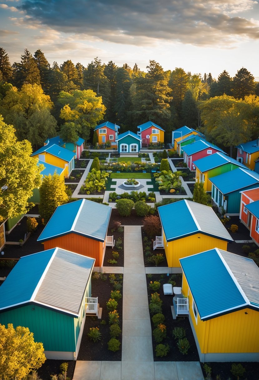 A cluster of small, colorful homes nestled among trees with a central communal area and garden