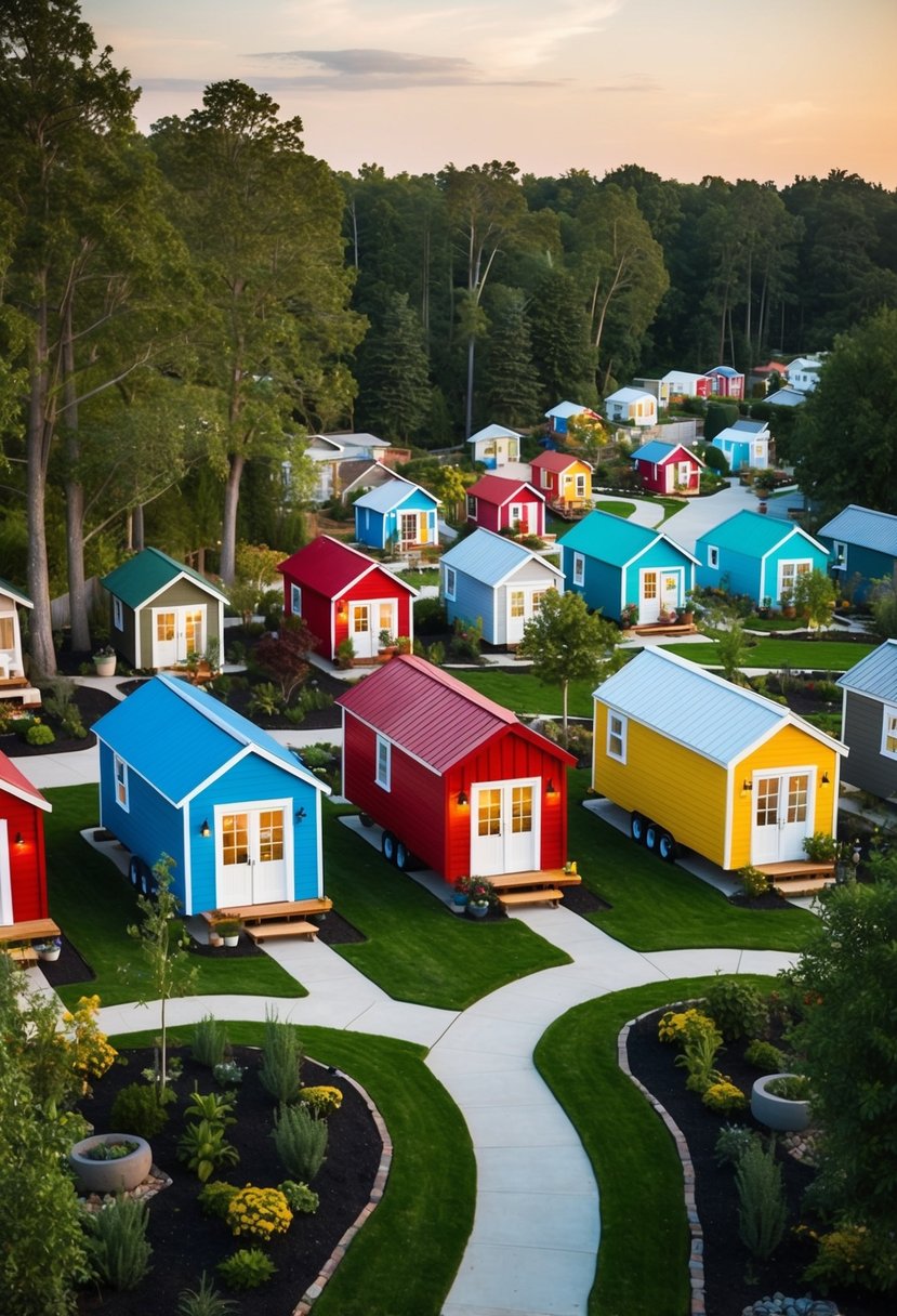 A cluster of colorful tiny homes nestled among trees, with winding pathways and communal gardens