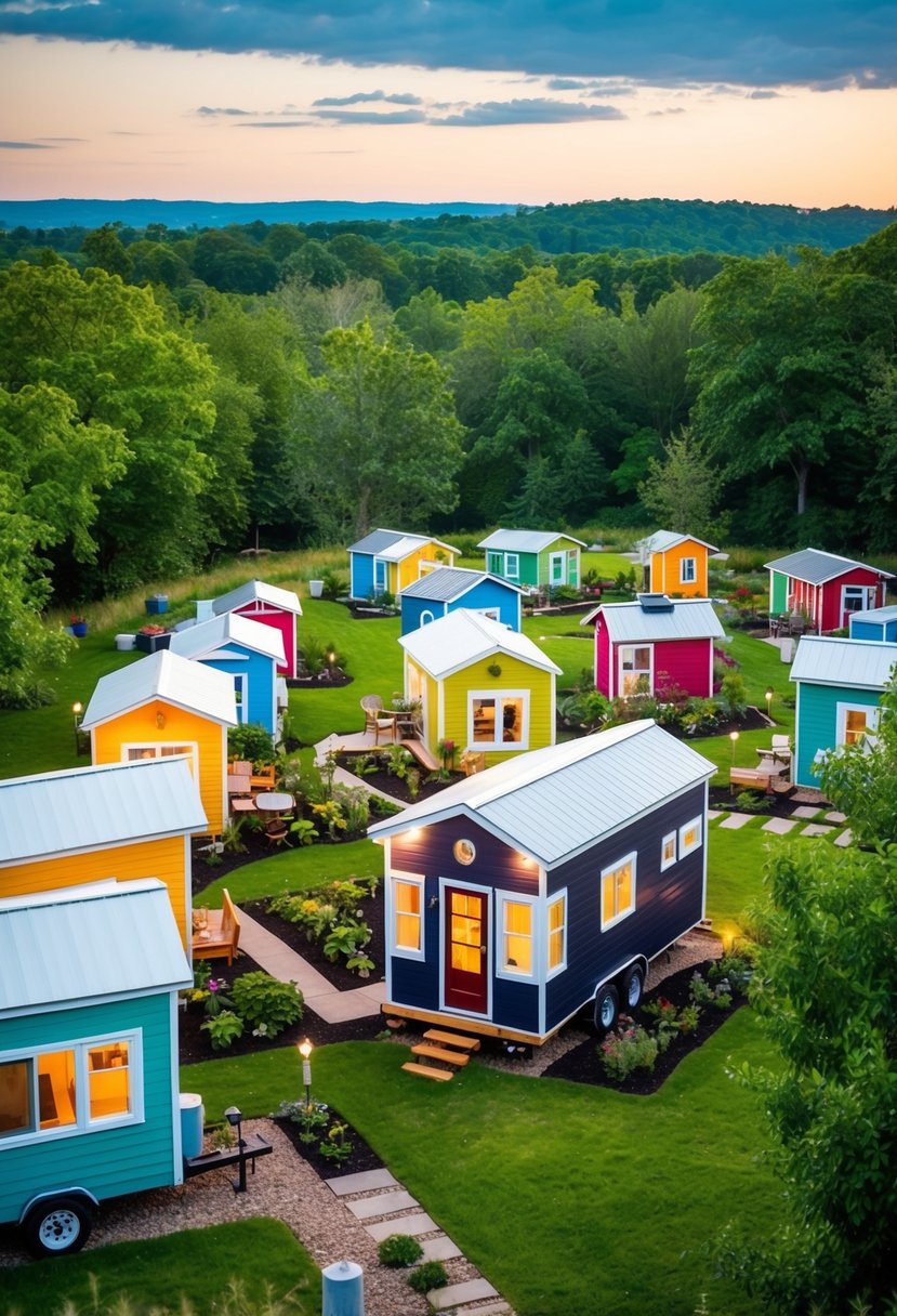 A cluster of colorful, well-maintained tiny homes nestled among lush greenery, with communal gardens and gathering spaces, creating a sense of community and sustainability