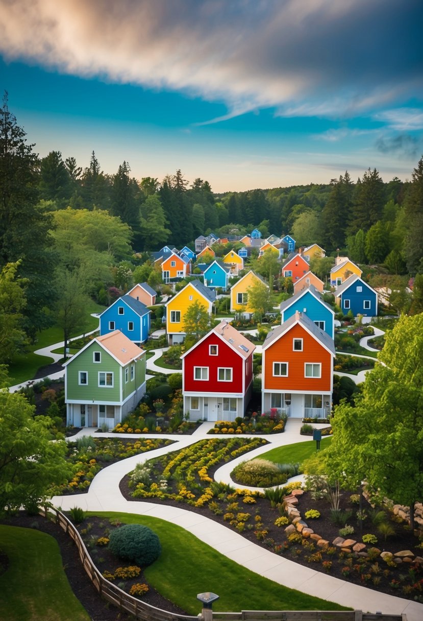 A cluster of small, colorful houses nestled among trees, with winding paths and communal gardens, surrounded by a peaceful natural landscape