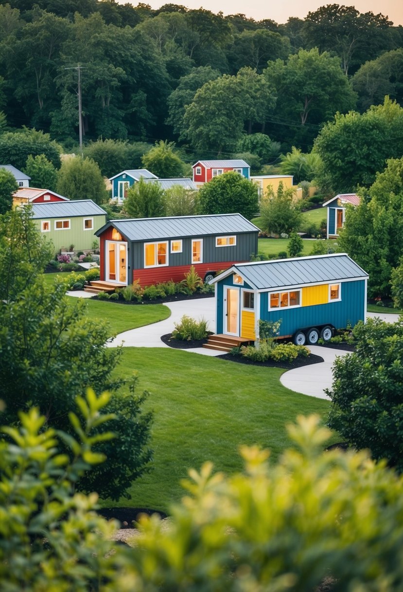 A serene permanent tiny home community nestled among lush greenery, with colorful houses and communal spaces creating a sense of togetherness and sustainable living