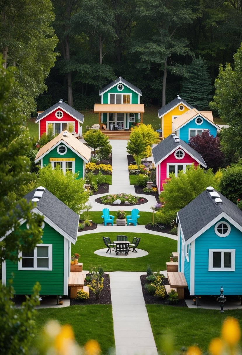 A cluster of colorful, well-maintained tiny homes nestled among trees, with communal gardens and a central gathering area