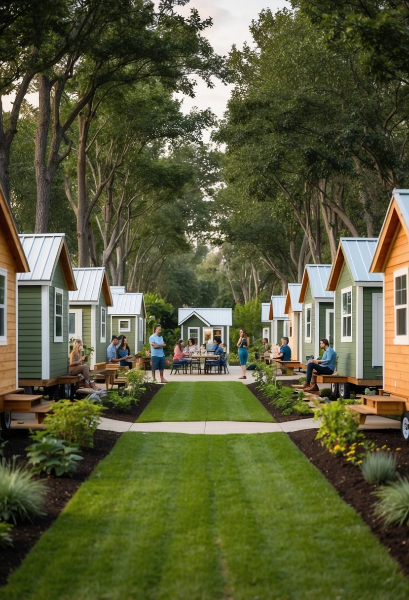 A row of tiny homes nestled among trees, with communal gardens, a central gathering area, and people enjoying outdoor activities