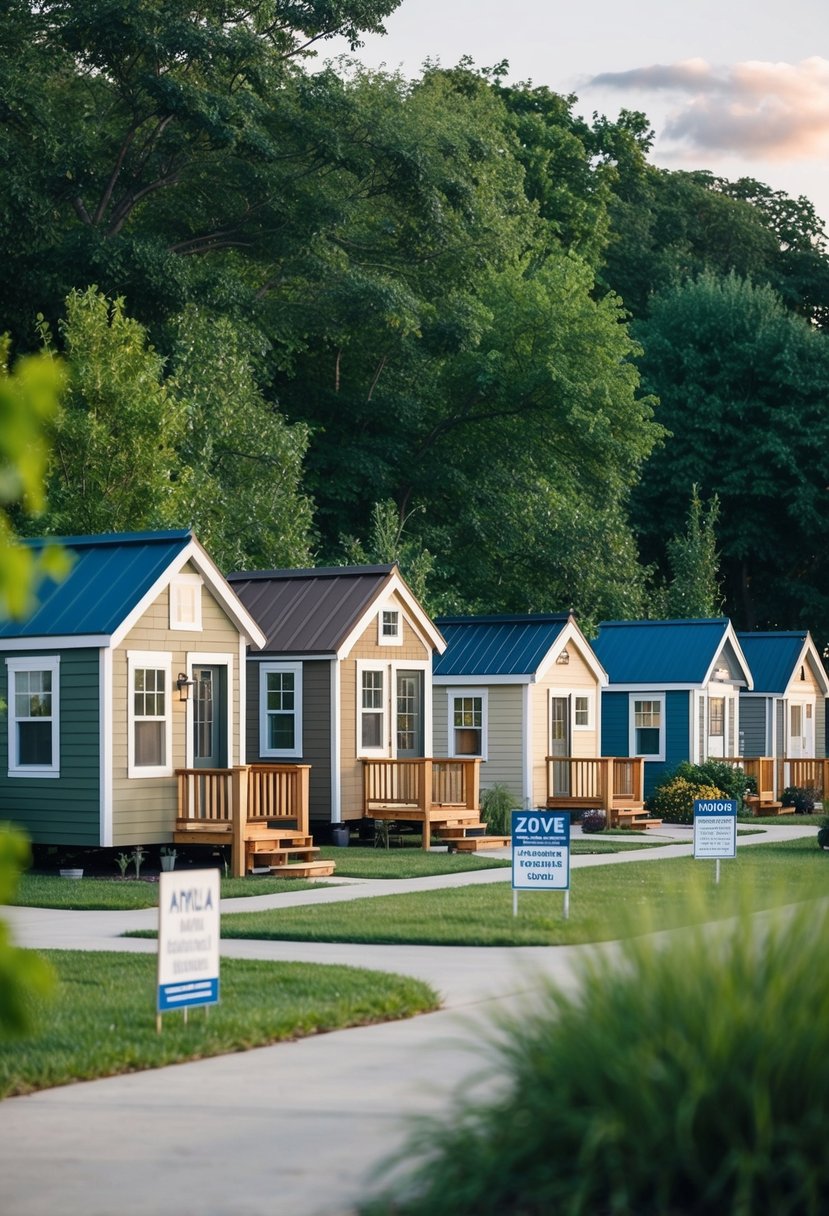 A quaint neighborhood of permanent tiny homes nestled among lush greenery, with clear zoning regulations and signs indicating homeownership