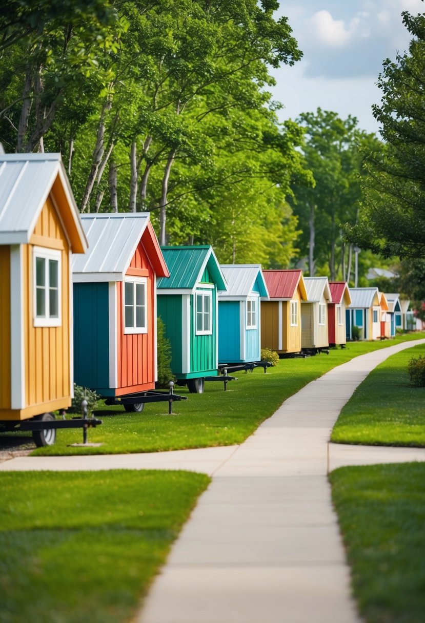 A row of colorful tiny homes nestled among lush green trees in a permanent community