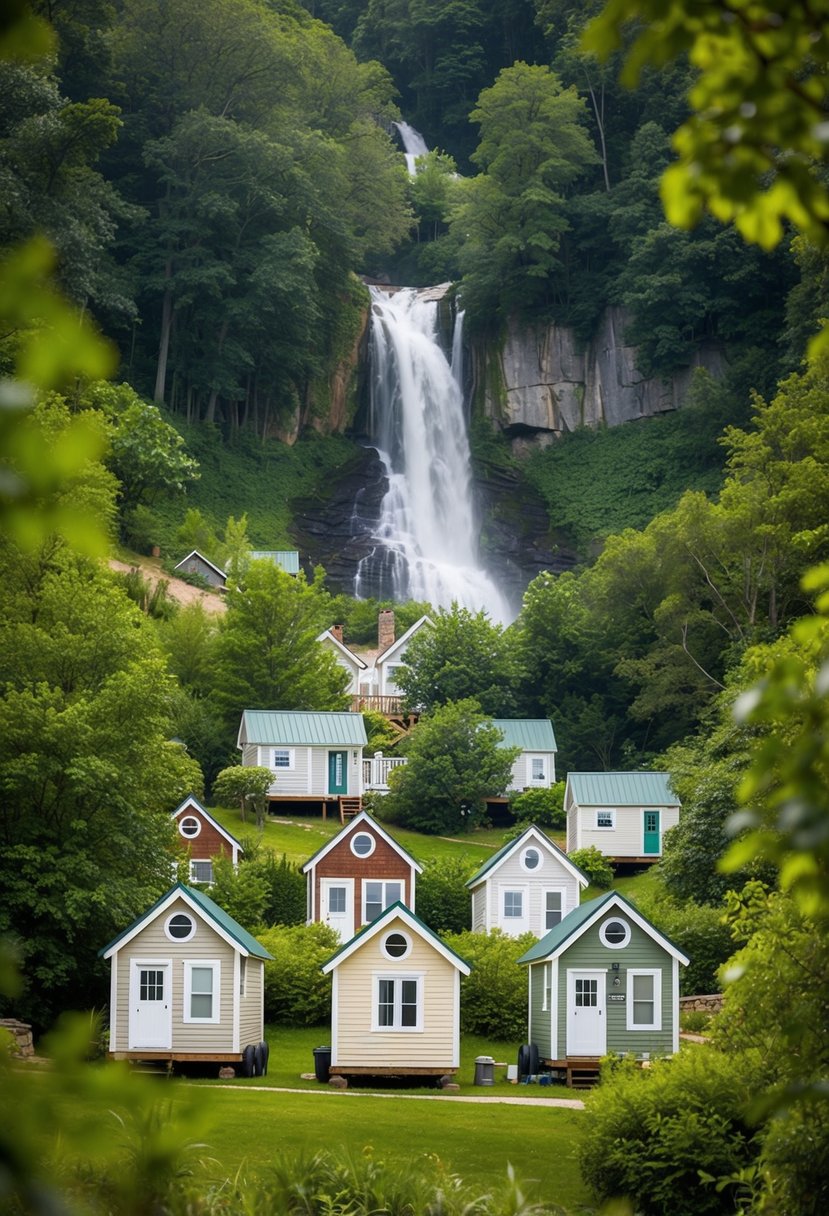 A cluster of charming tiny homes nestled among the lush greenery of Monteagle, TN, with Deer Lick Falls cascading in the background