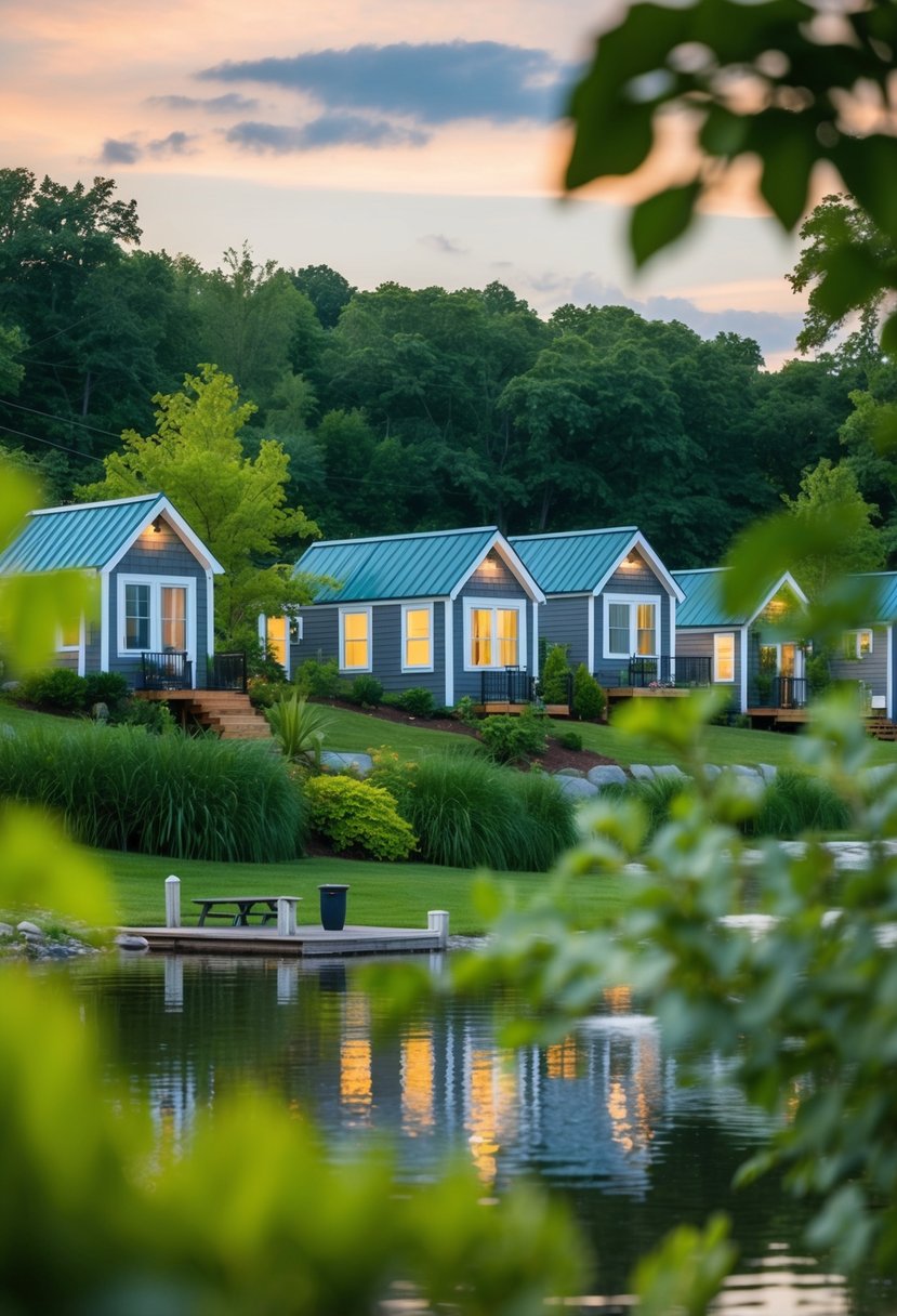 A cluster of tiny homes nestled among lush greenery at The Retreat at Water's Edge in Tracy City, TN