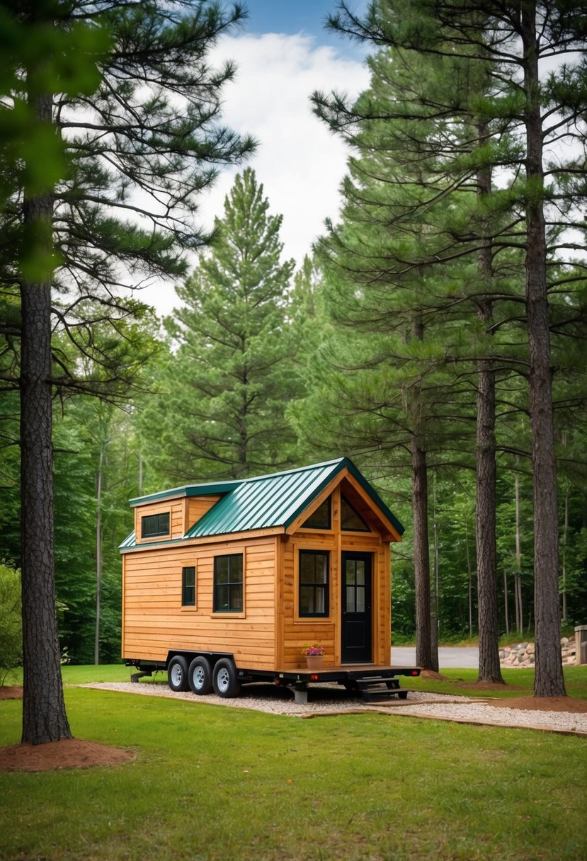 A cozy tiny home nestled among the lush pine trees at Piney River Resort in Nashville, TN