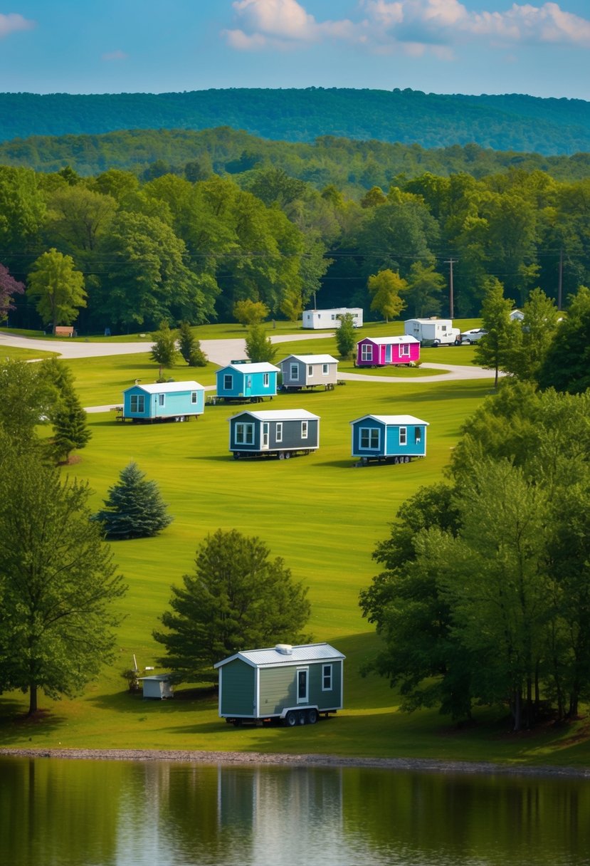 A serene landscape with colorful tiny homes nestled among lush greenery at Lakeland Ridge RV and Tiny Home Community in Bean Station, TN