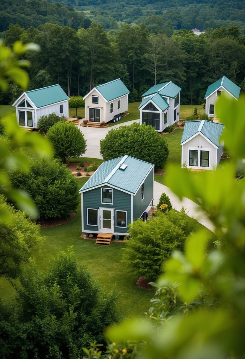 A cluster of unique tiny homes nestled among lush greenery in the Incredible Homes Tiny Home Community, showcasing the top tiny home communities in Tennessee