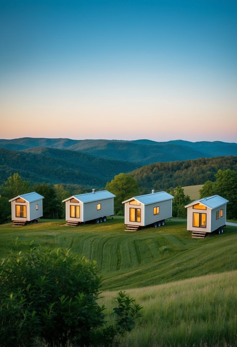 A cluster of prefab tiny homes nestled among the rolling hills of Tennessee, with lush greenery and a clear blue sky in the background