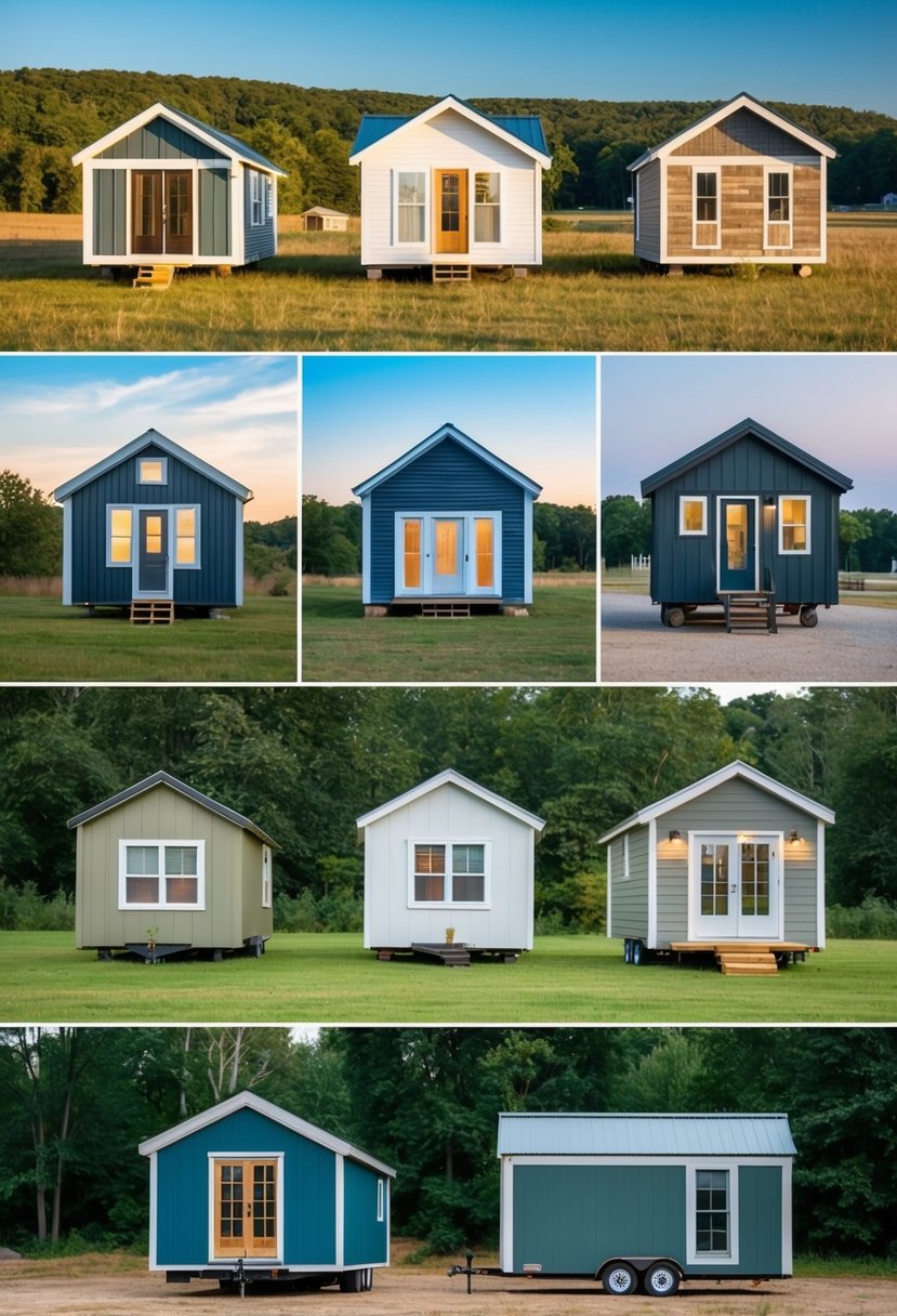 A row of varied prefab tiny homes in a Tennessee landscape. Each home differs in size, design, and materials used