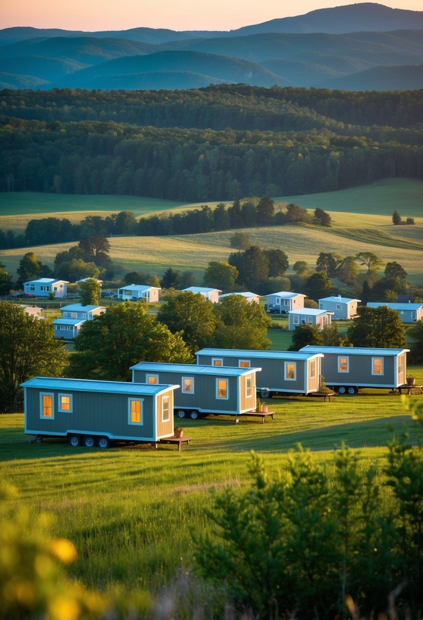 A scenic landscape with multiple prefab tiny homes nestled among the rolling hills of Tennessee