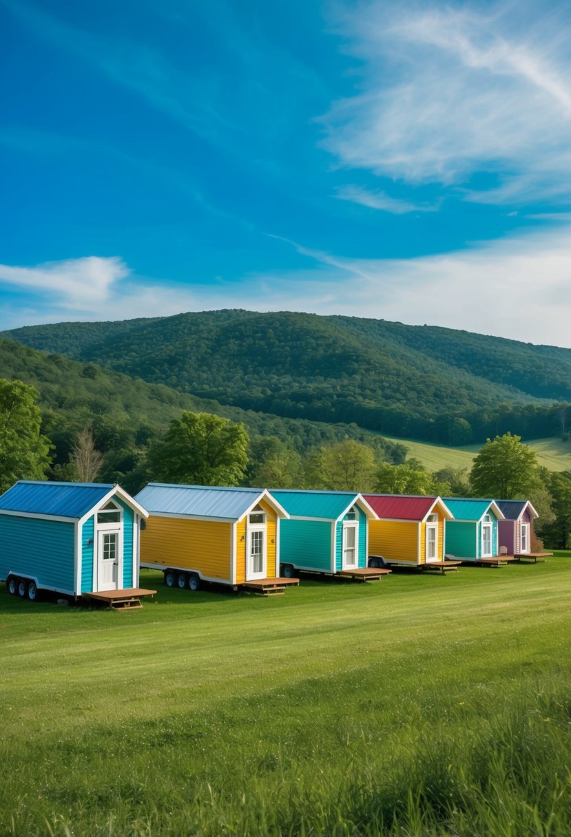 A row of colorful prefab tiny homes nestled in the rolling hills of Tennessee, surrounded by lush greenery and under a bright blue sky