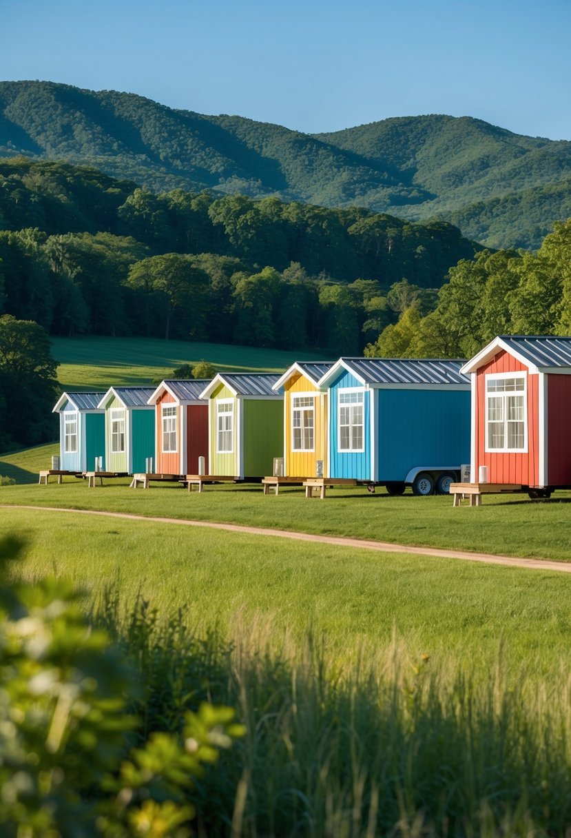 A row of charming, colorful prefab tiny homes nestled among the rolling hills of Tennessee, surrounded by lush greenery and under a clear blue sky